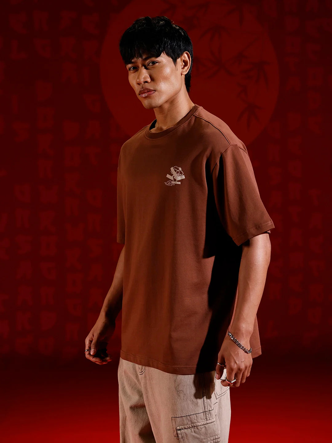 Men’s oversized chest print T-shirt | Brown