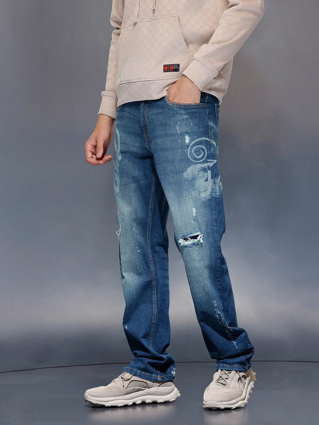 Men’s Rugged Wash Denim with Paint Splatter | Med Stone