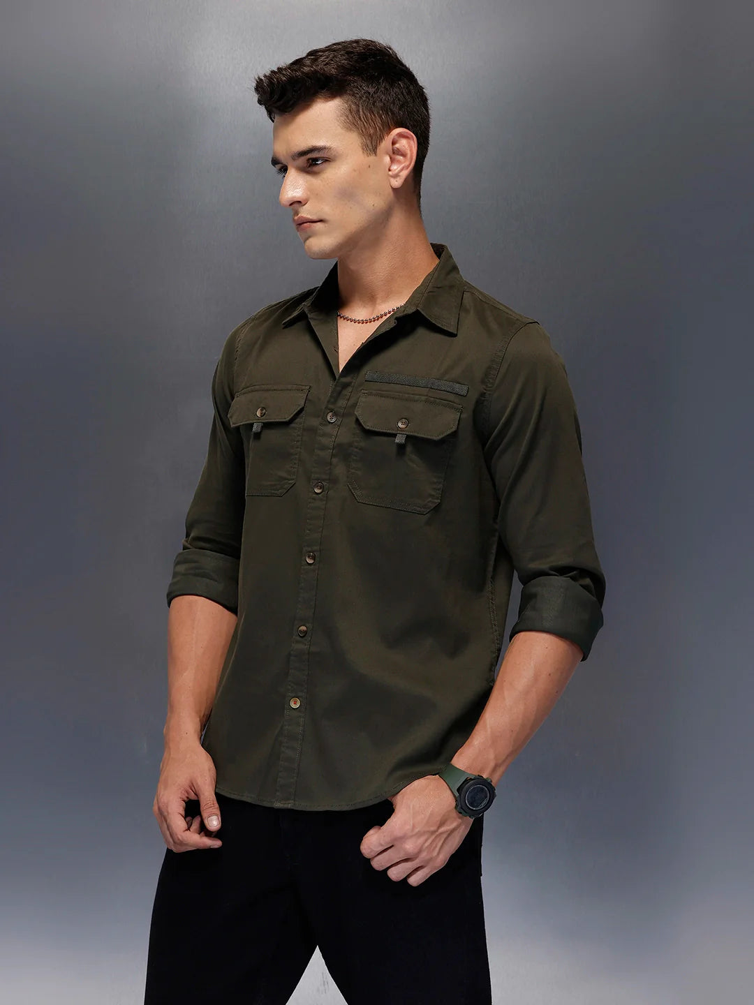 Men's structured shirt with pocket styling | Olive