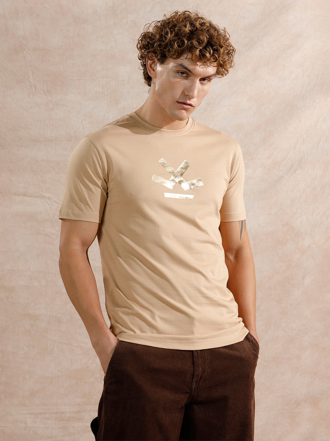 Gold Foil Print Slim Fit T-Shirt | Beige