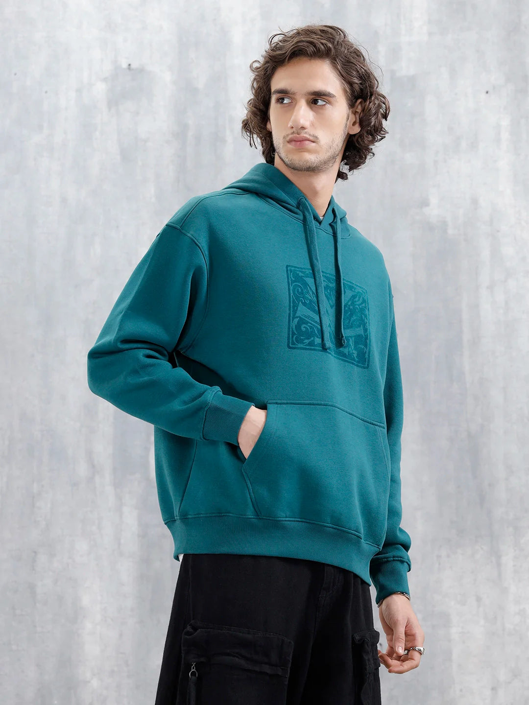 Oversized Brushed Fleece Hoodie With Tonal Flock Print | Teal