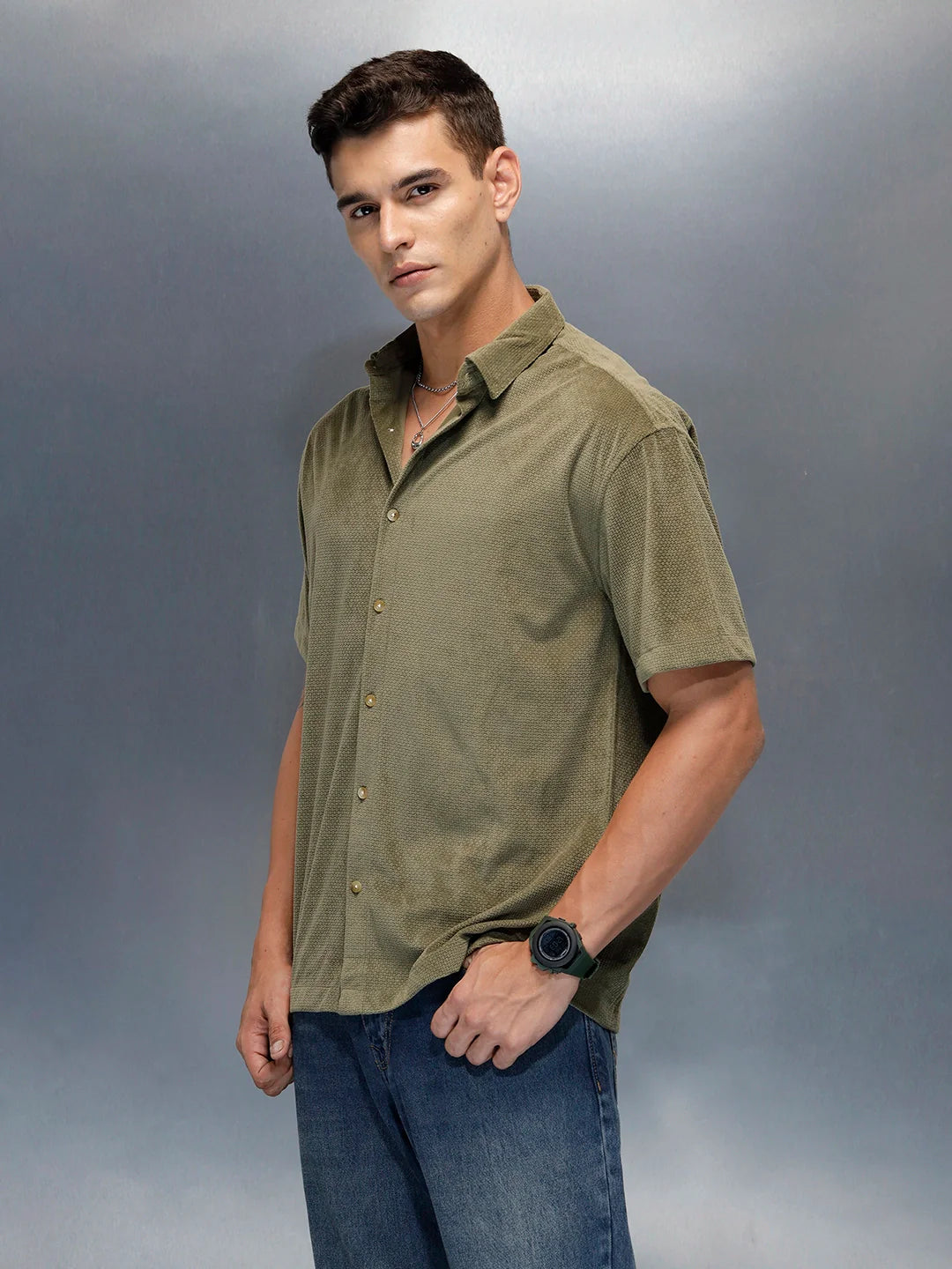 Textured Classic Men’s Oversized Fit Shirt | Olive