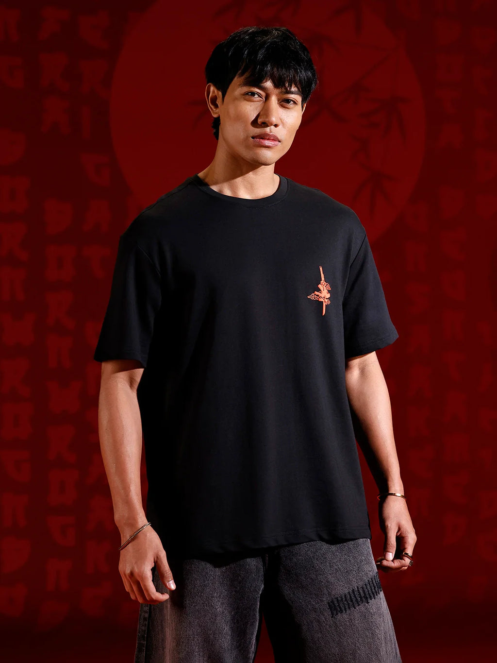 Puff print chest motif oversized tshirt | Black