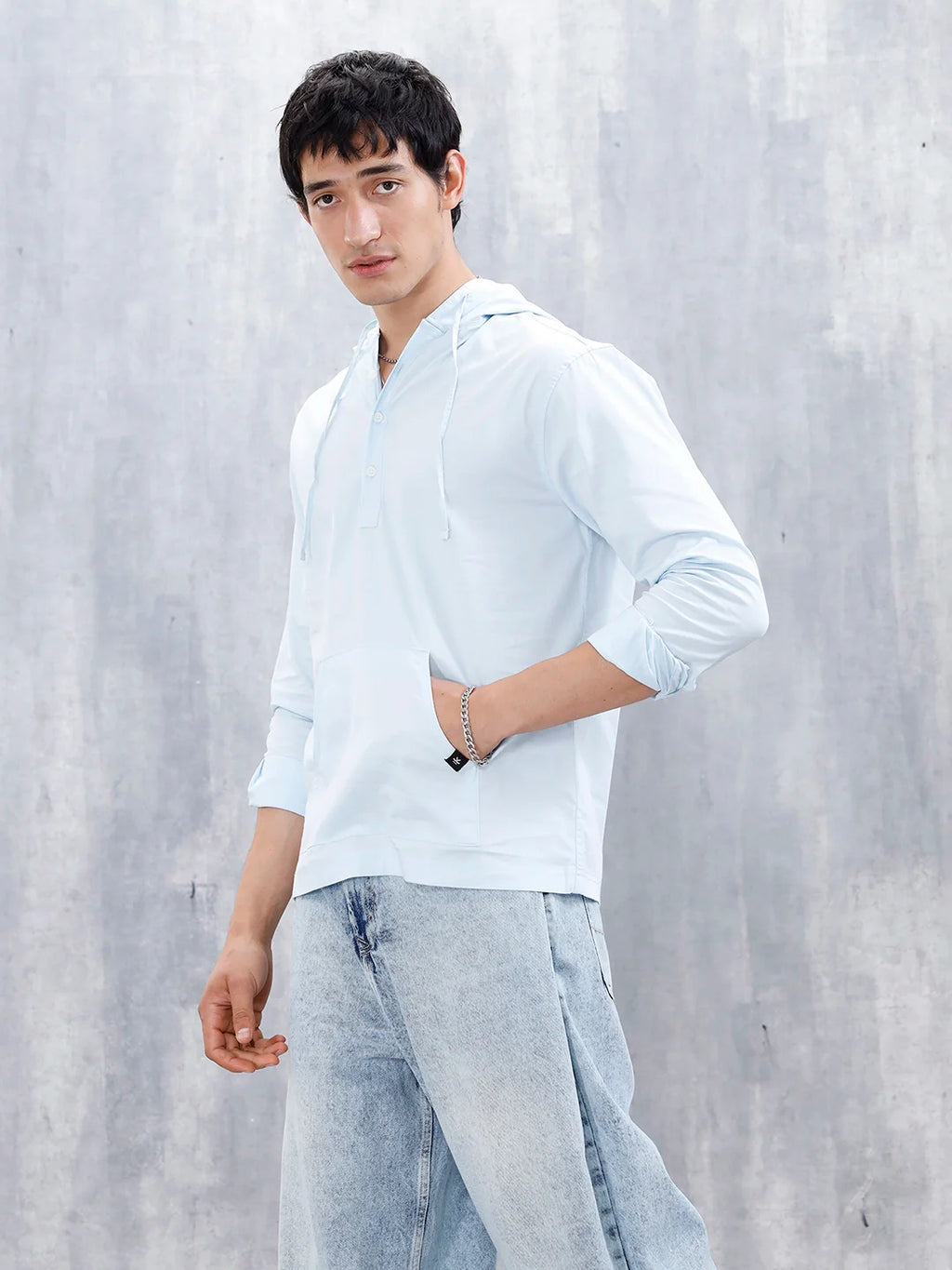 Wrogn Men's Casual Hooded Henley Shirt | Light Blue