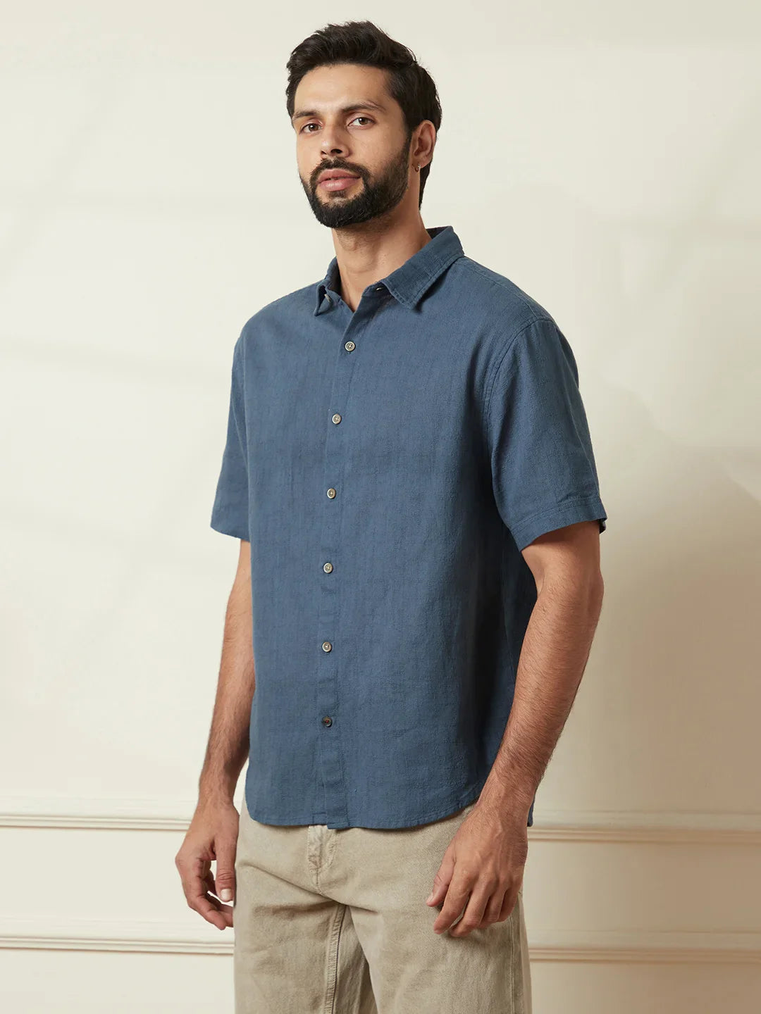 Textured Cotton Slim Fit Shirt | Blue
