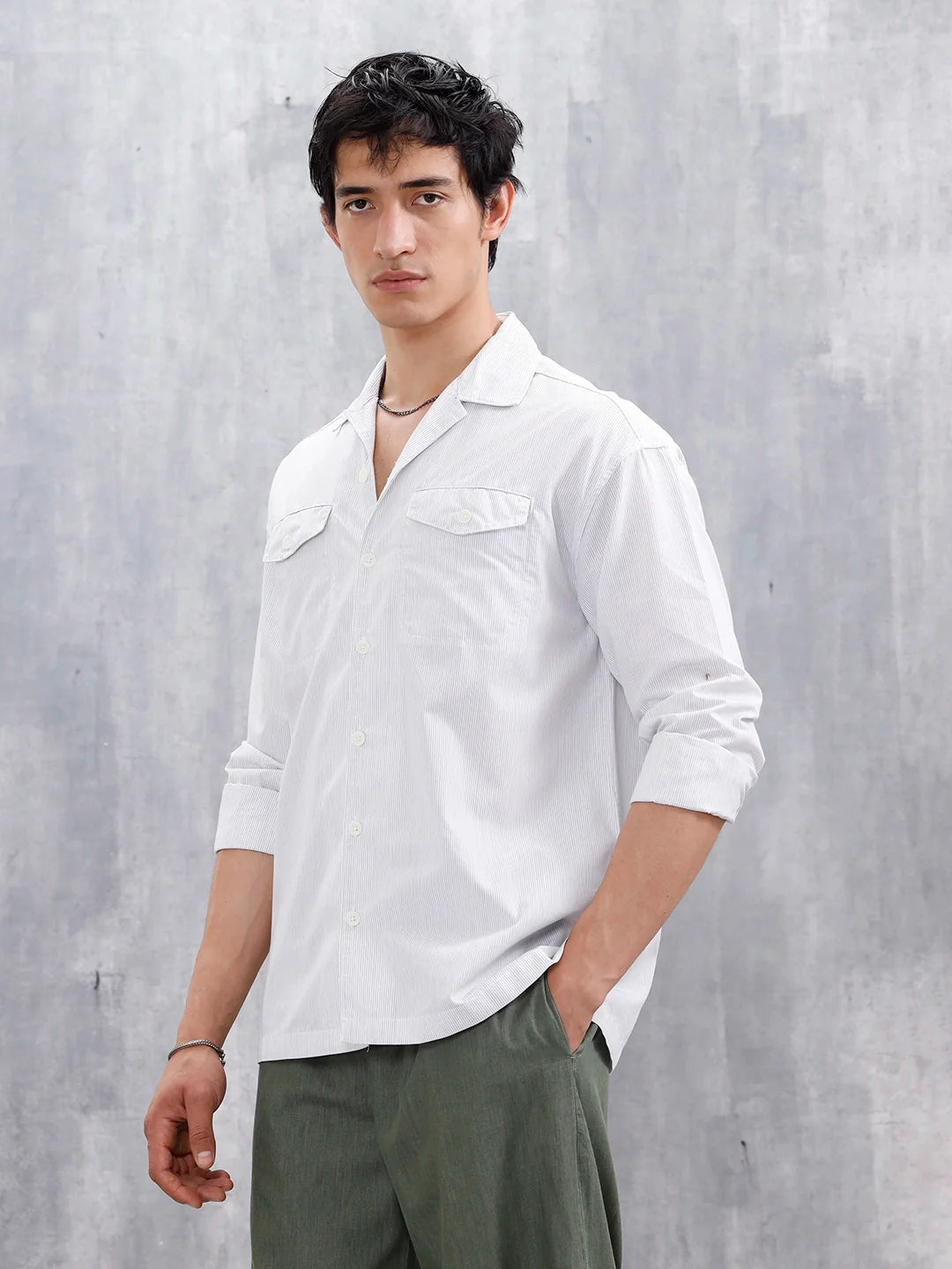 Casual Oversized Fit Striped Pattern Shirt | Off White