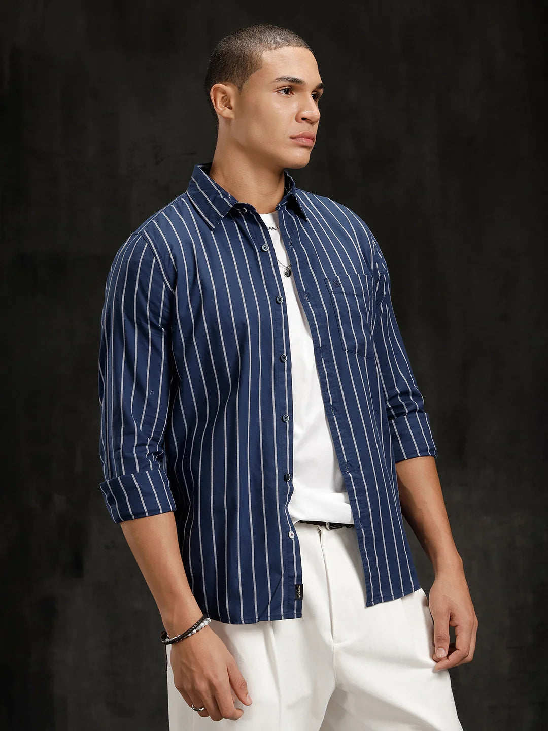 Herringbone Striped Slim Fit Shirt  | Navy Blue