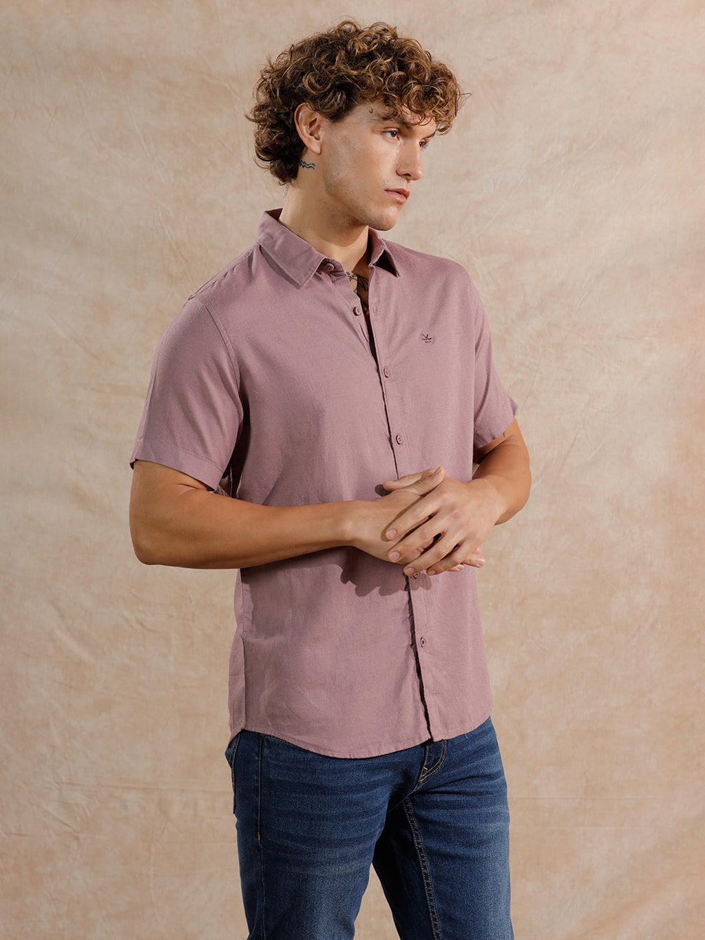 Solid Linen Blend Slim Fit Shirt | Dark Pink