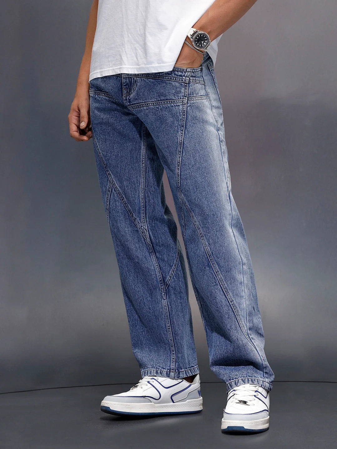 Men's loose fit jeans with cut & sew detail  | Blue