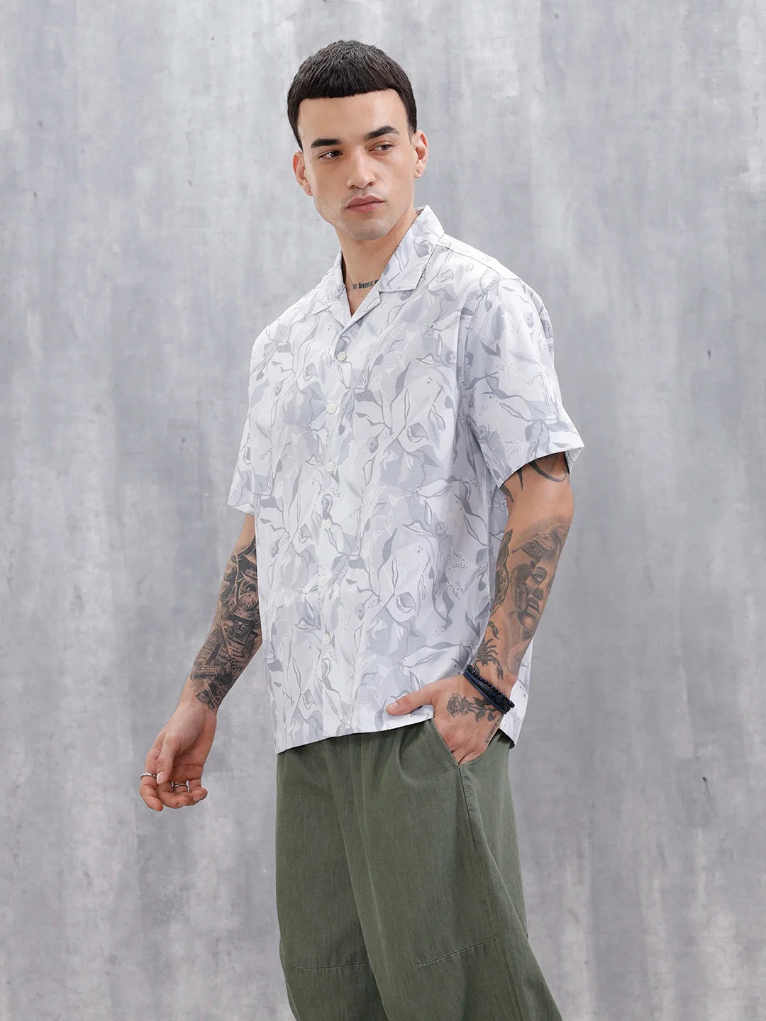 Men's Comfort Fit Resort Collar Printed Shirt | Grey