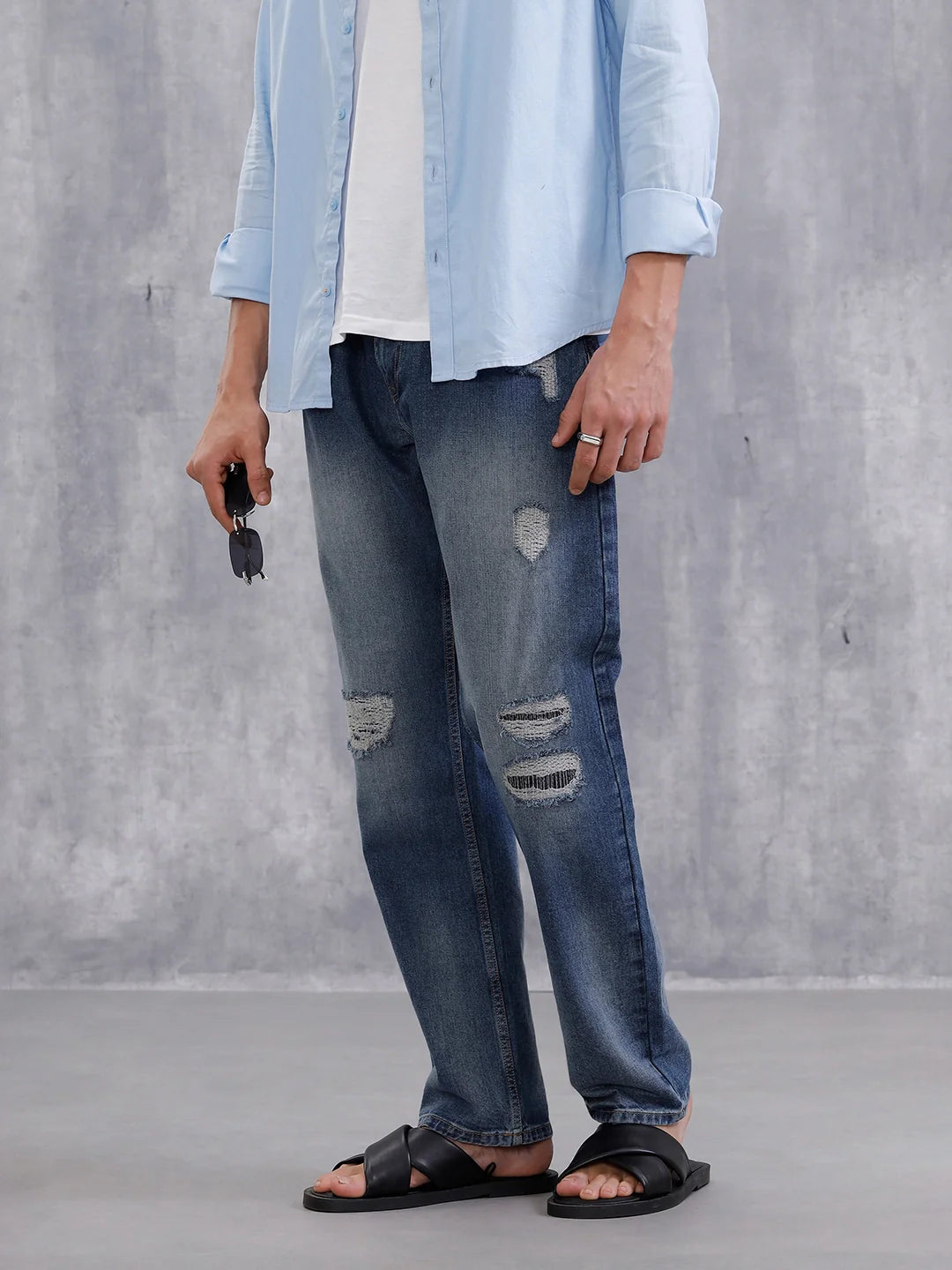 Solid Anti Fit Distressed Jeans | Blue