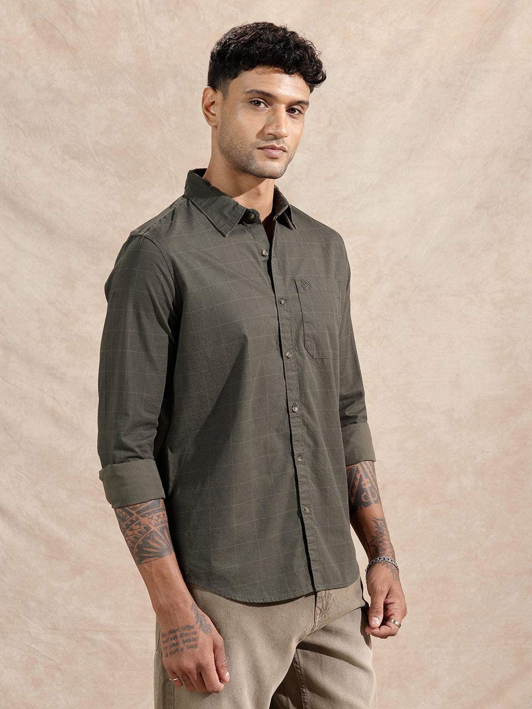 Printed Checked Shirt | Dark Green