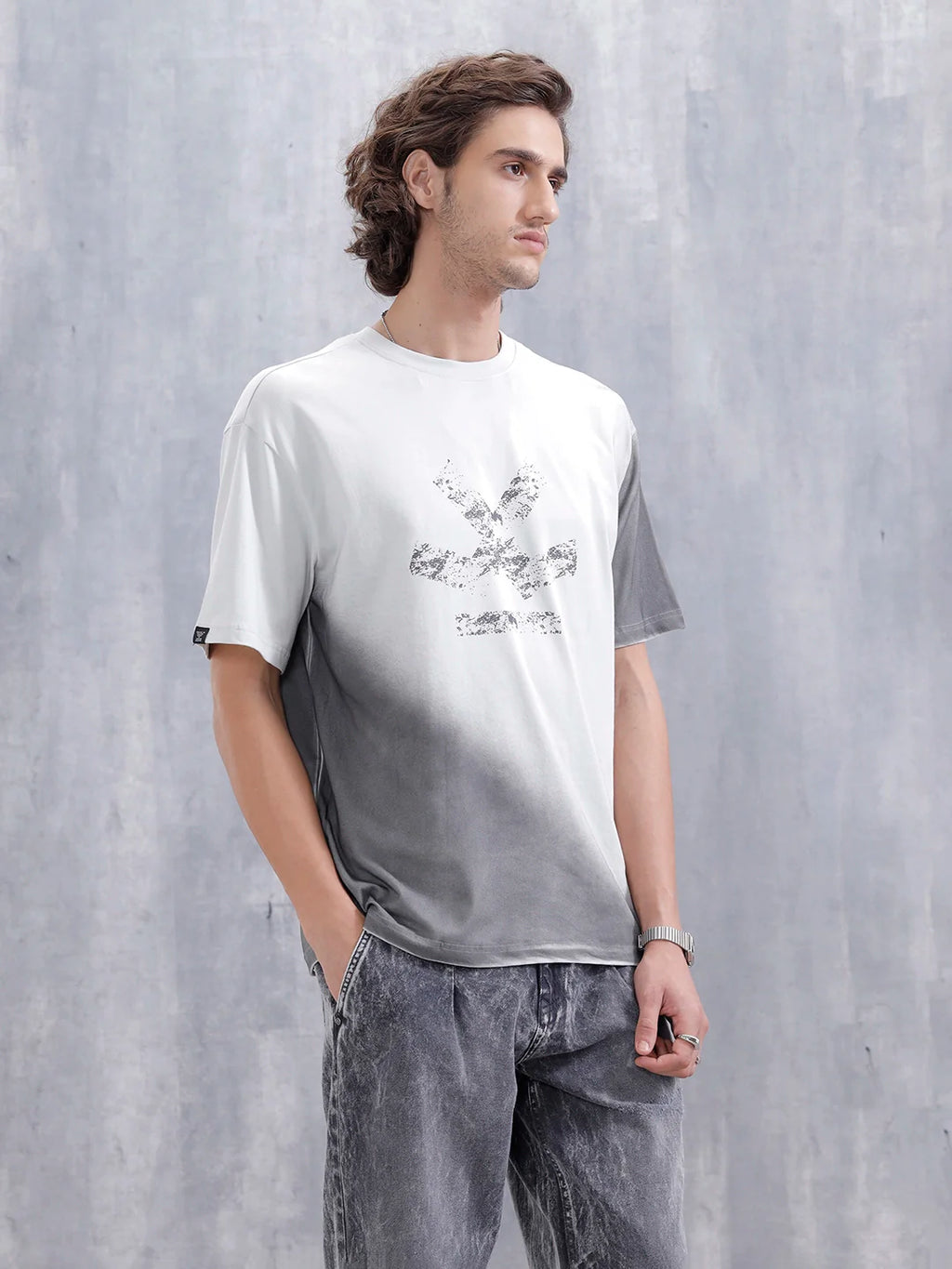 Washed Oversized Crew Neck T-shirt With Print | Light Grey