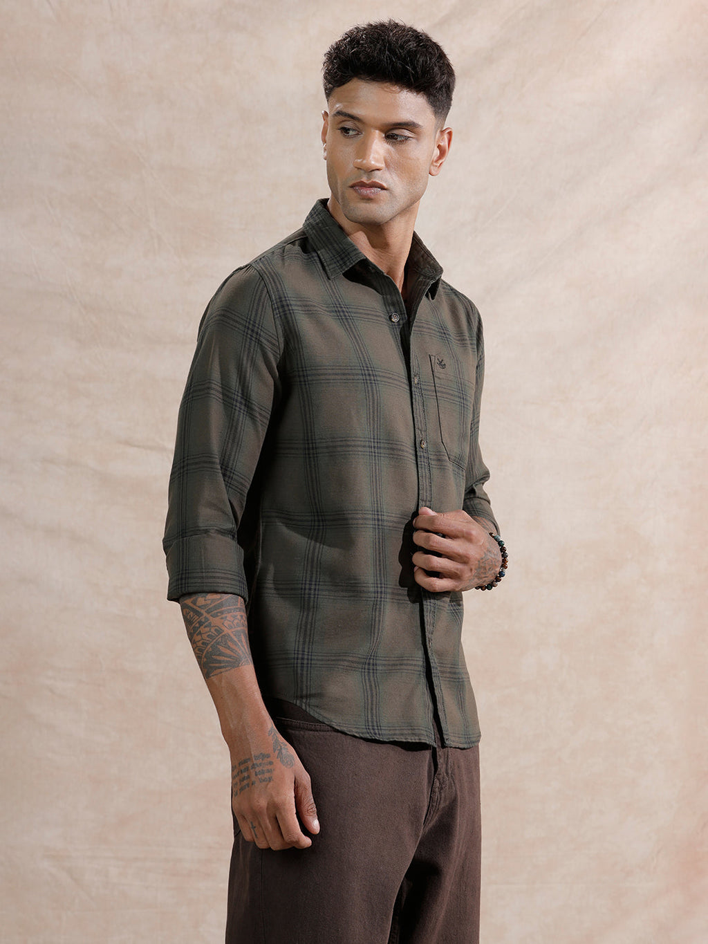 Tonal Checks Regular Fit Shirt | Olive