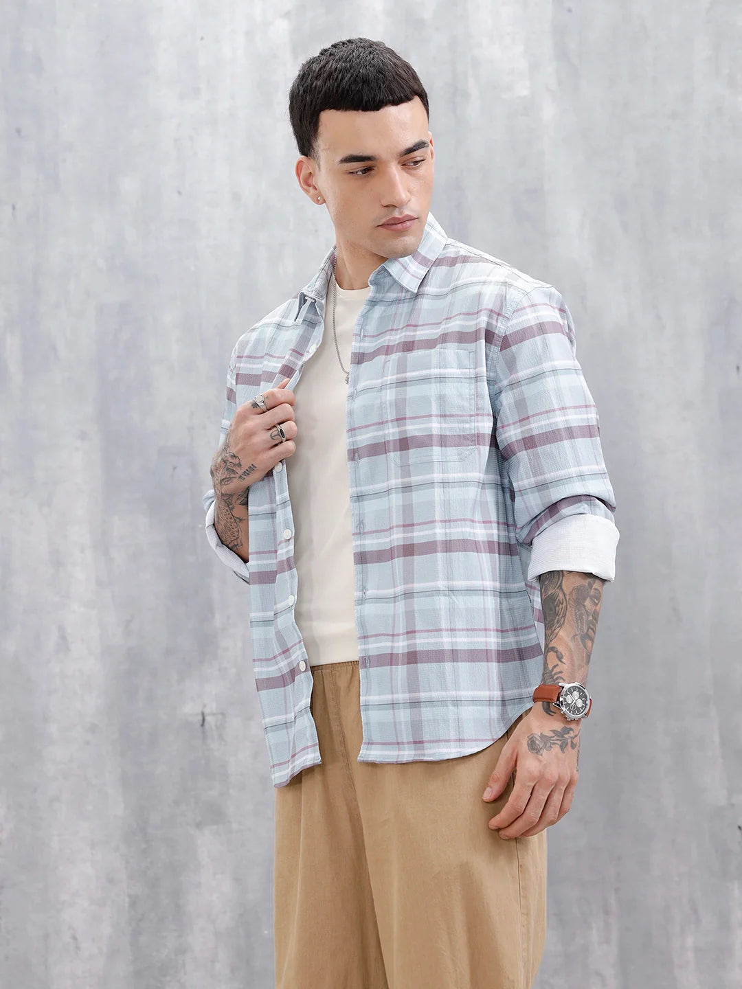 Wrogn Men's Comfot Fit Printed Checkered Shirt | Blue