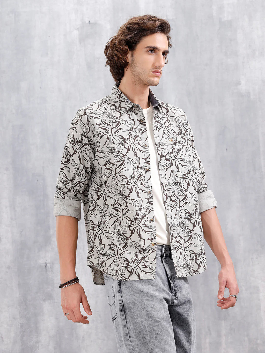 Floral Printed Slim Fit Shirt | Grey