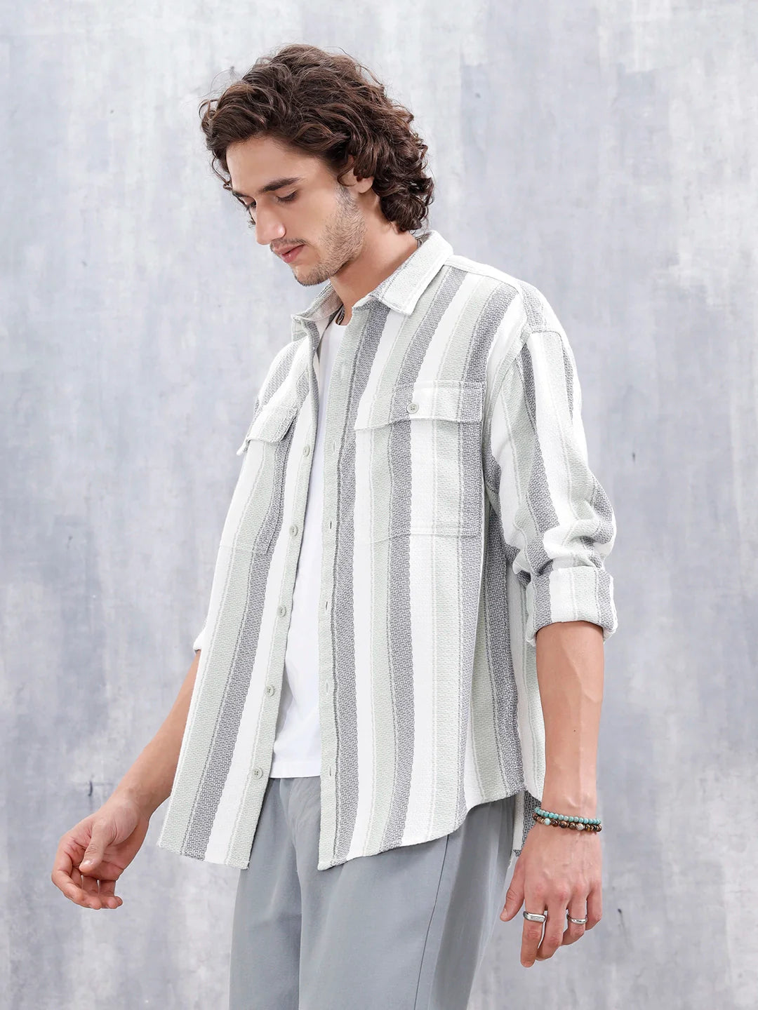 Textured Striped Double Pocket Oevrsized Fit Shirt | Green
