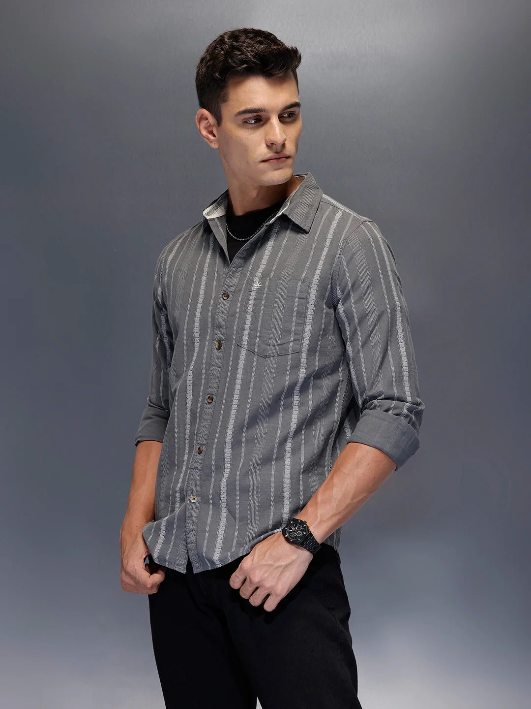 Men's textured vertical striped casual shirt | Dark Grey