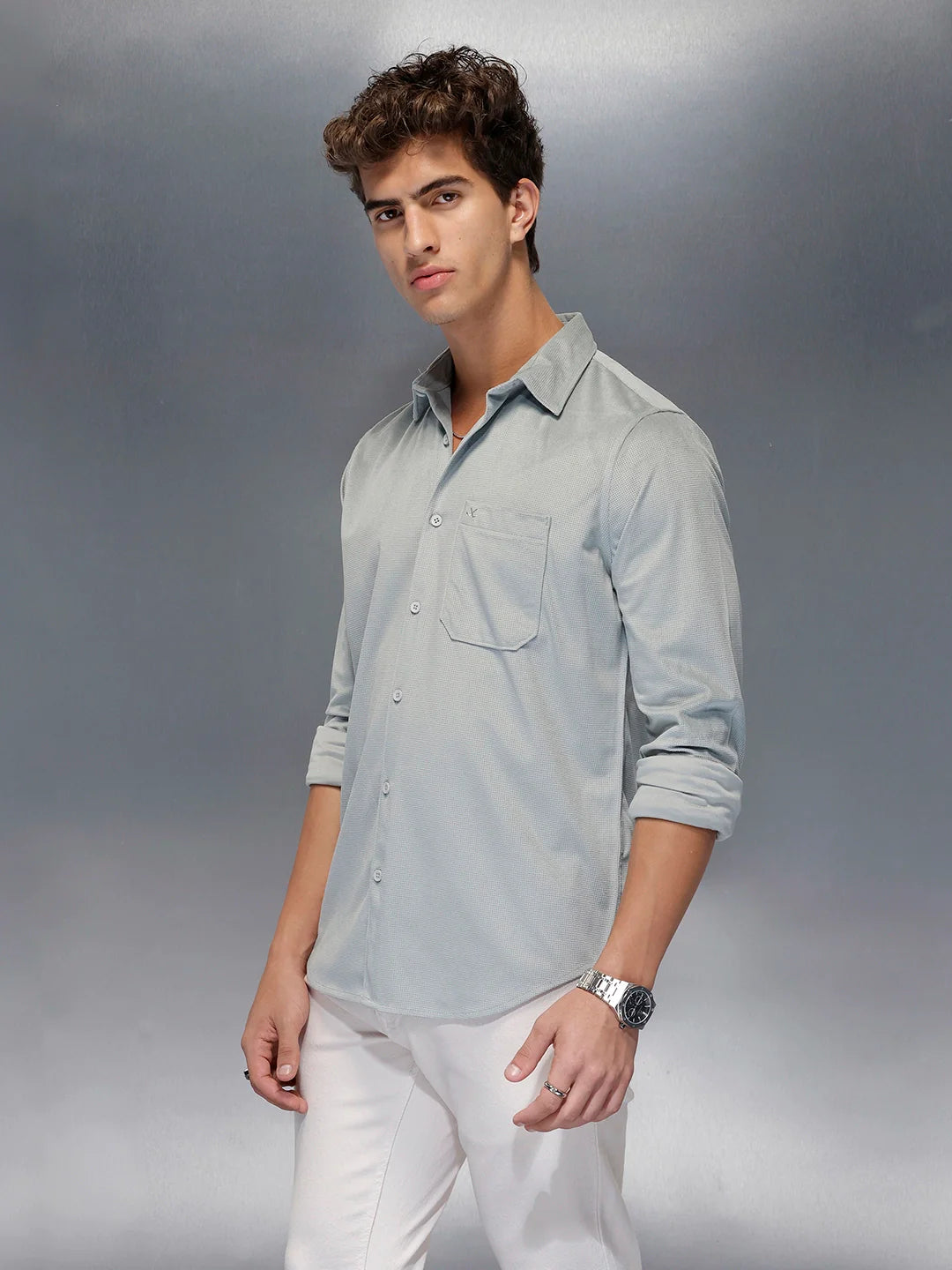 Minimal Textured Botton Down Shirt | Grey