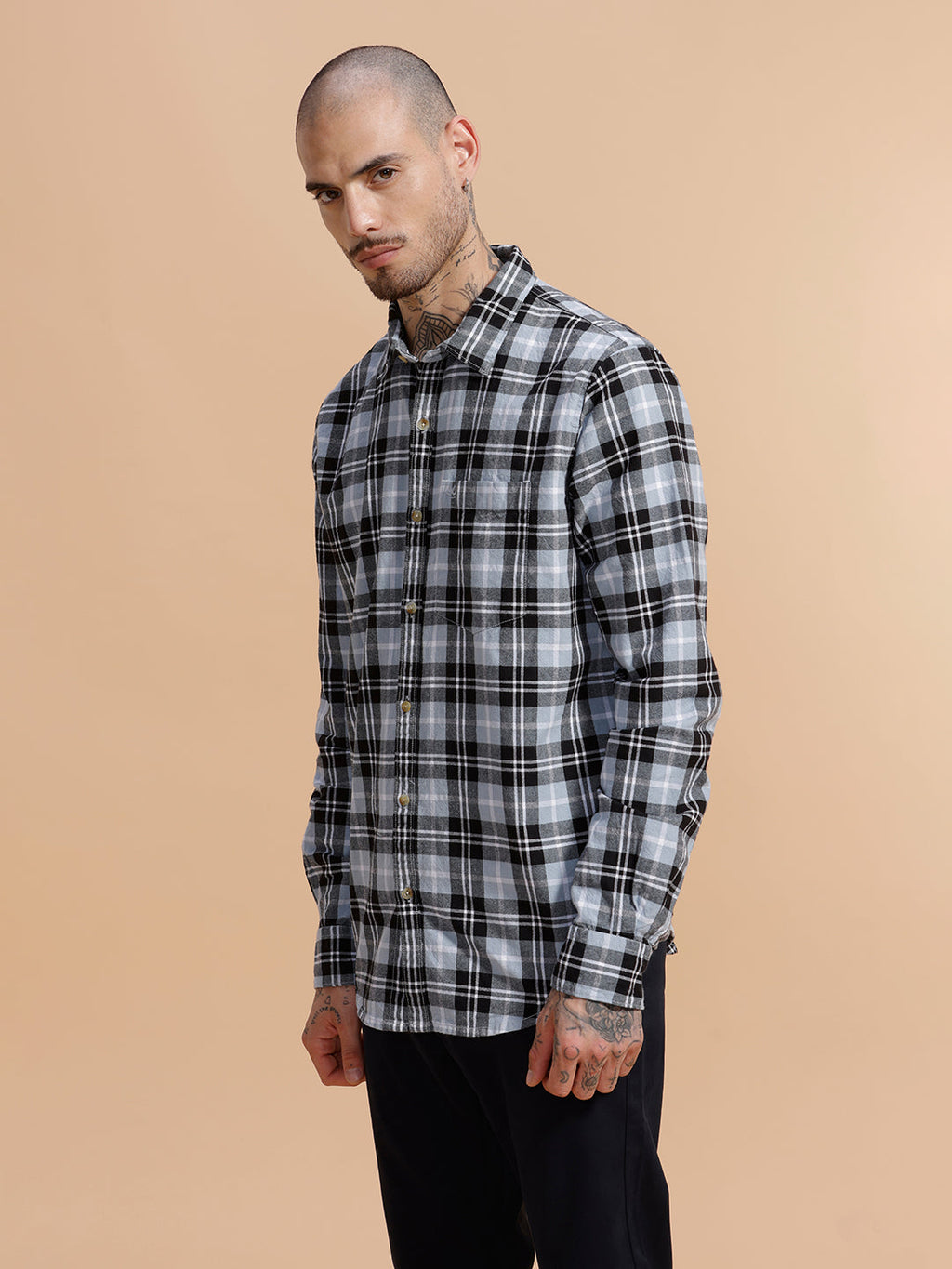 Checked Full Sleeve Cotton Shirt | Light Blue
