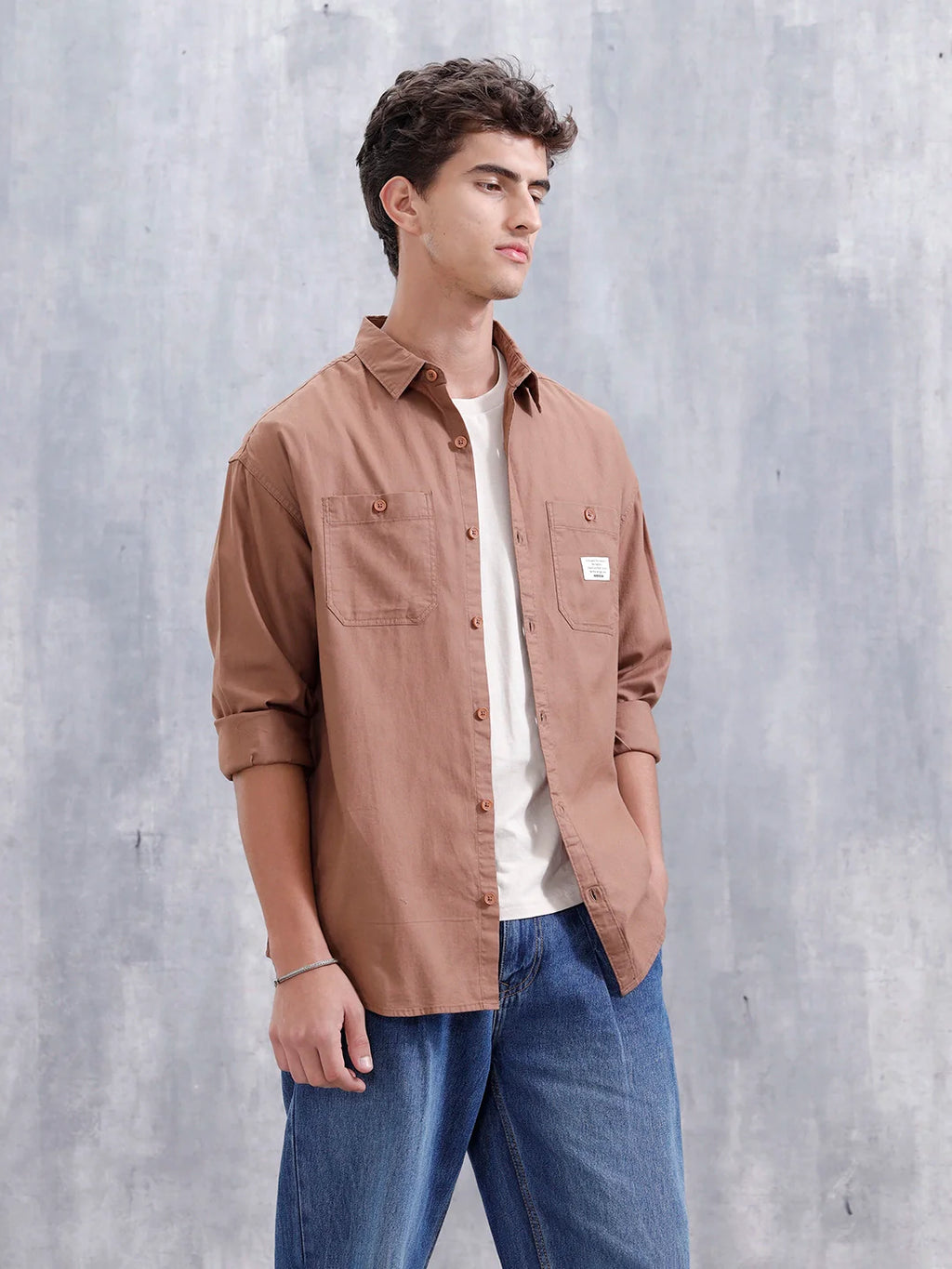 Oversized Fit Double Pocket Solid Shirt  | Khaki