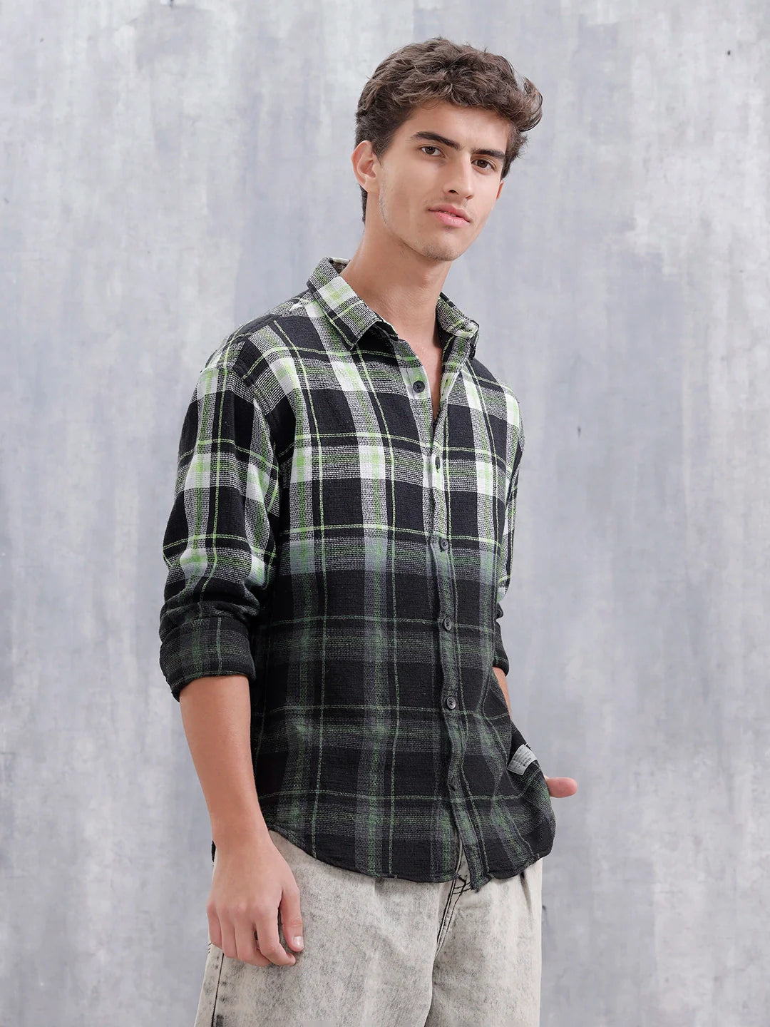 Men Checkered Pattern Oversized Fit Shirt | Black