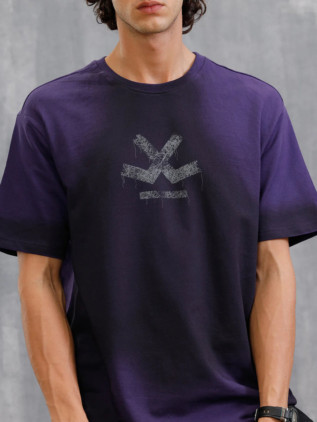 Smokey Pigment Spray With Grunge Logo Print Oversized Crew Neck T-Shirt | Purple