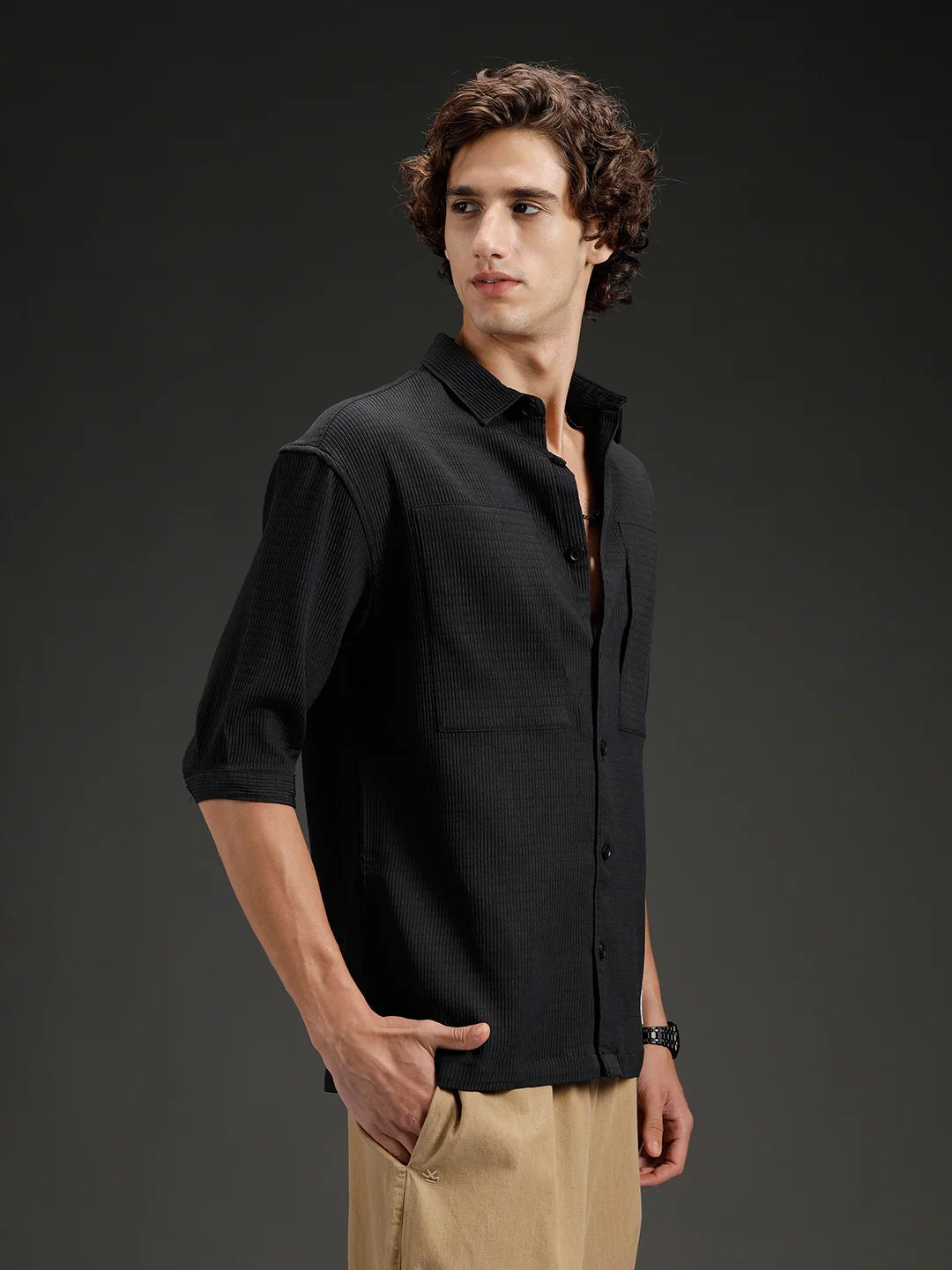 Wrogn Textured Button-Down Casual Shirt | Black