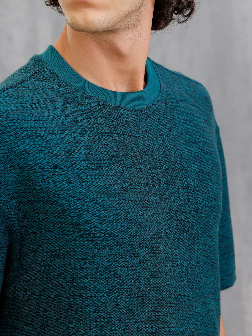 Two Tone Textured Slub Knit Oversized Crew Neck T-Shirt With Chunky Rib | Teal