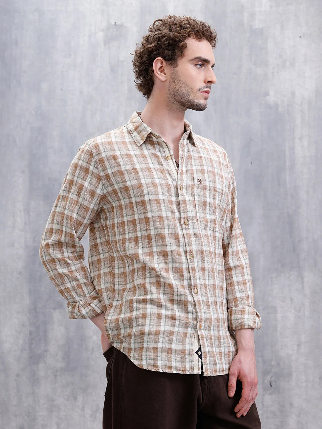 Checked Linen Blend Shirt  | Khaki