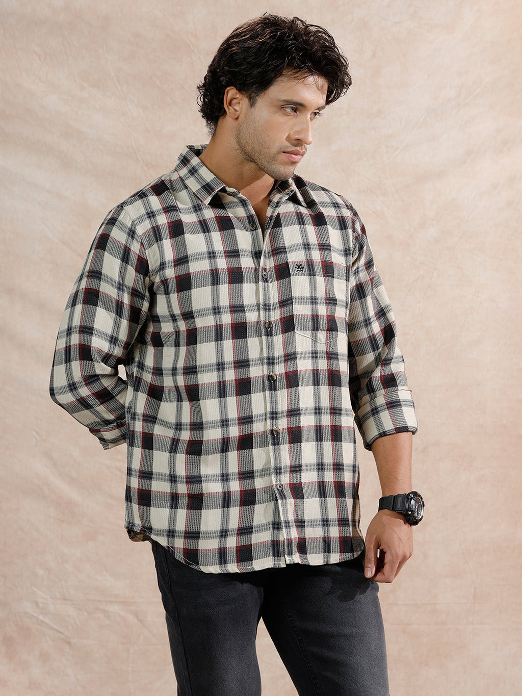 Dobby Textured Checks Regular Fit Shirt | Off White