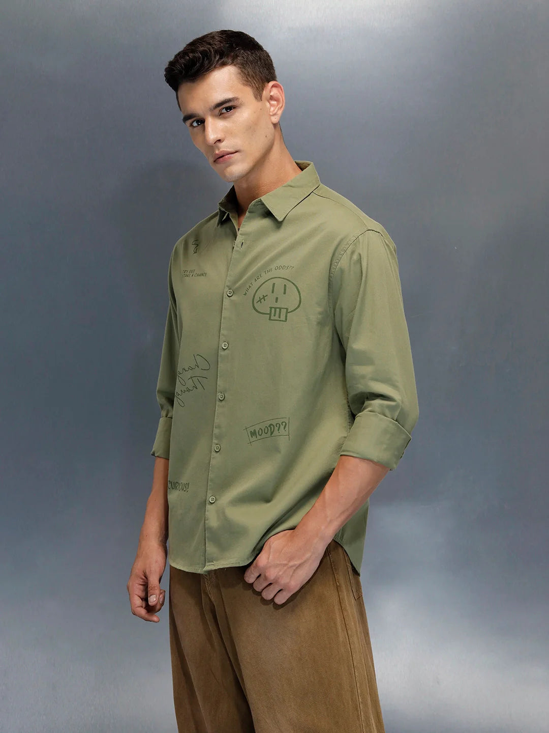 Men's Casual Regualr Fit Shirt With Placement Print | Green