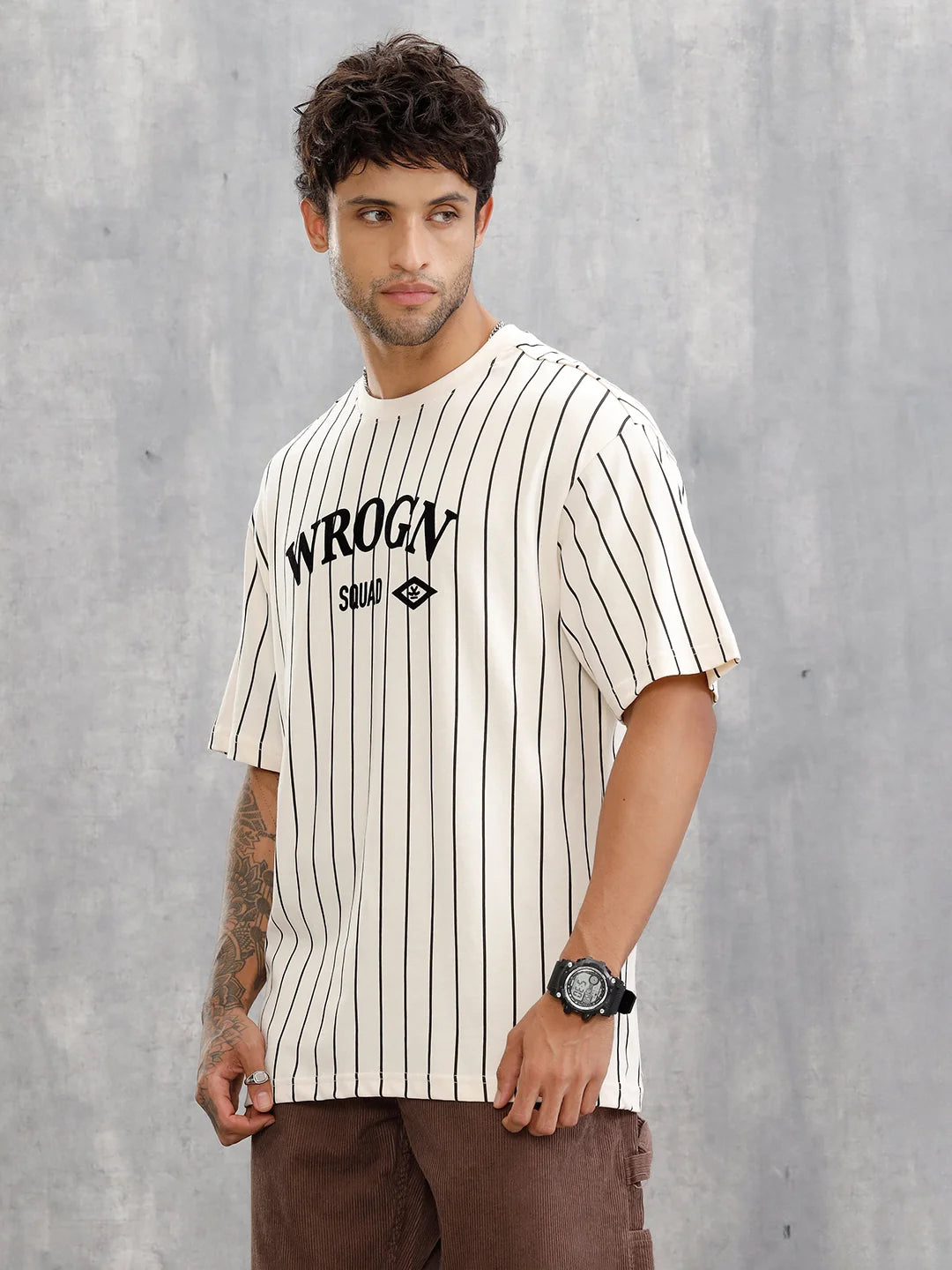 Striped Oversized Fit T-shirt With Flock Print | Beige