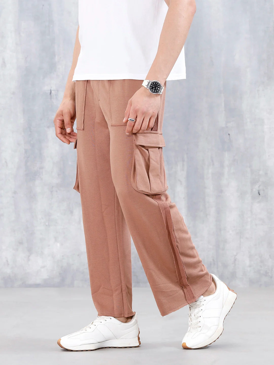 Men's Casual Relaxed Fit Cargo Knit Jogger With Raw Edge Detail | Brown