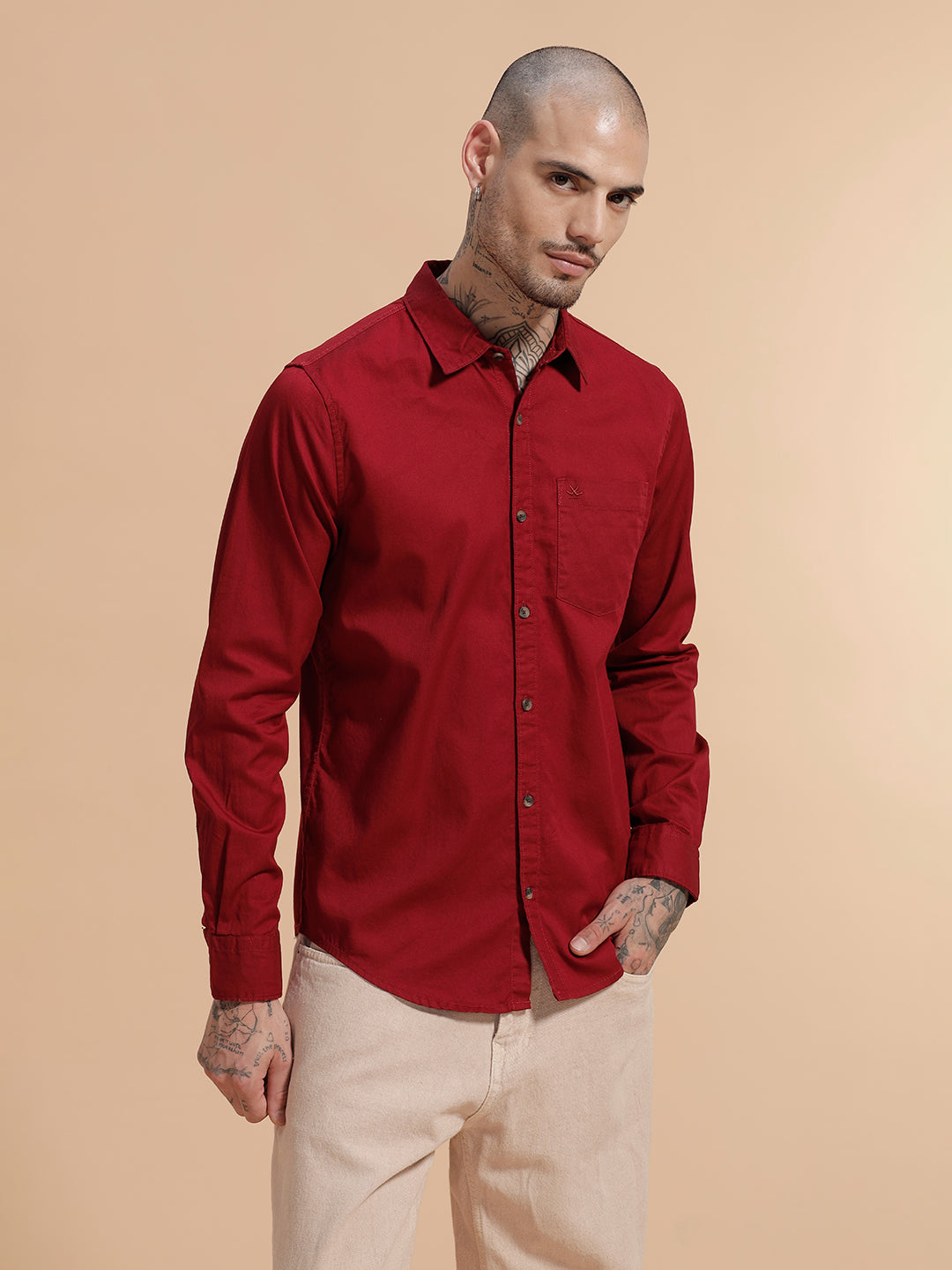 Solid Full Sleeve Cotton Shirt | Red