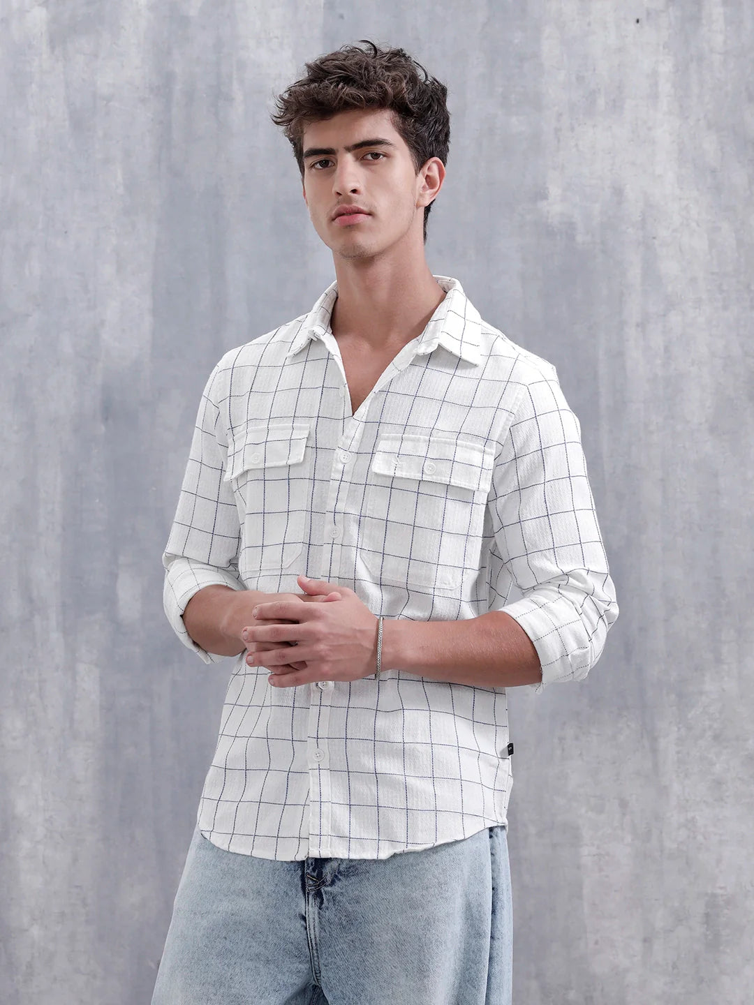 Regular Fit Double Pocket Checkered Shirt | White