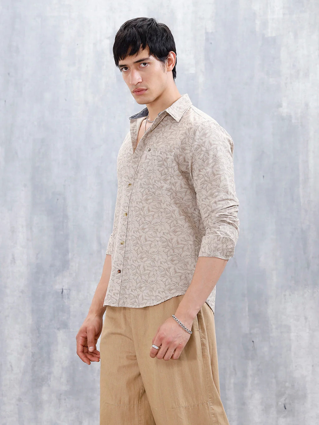 Floral Printed Slim Fit Men's Casual Shirt | Khaki
