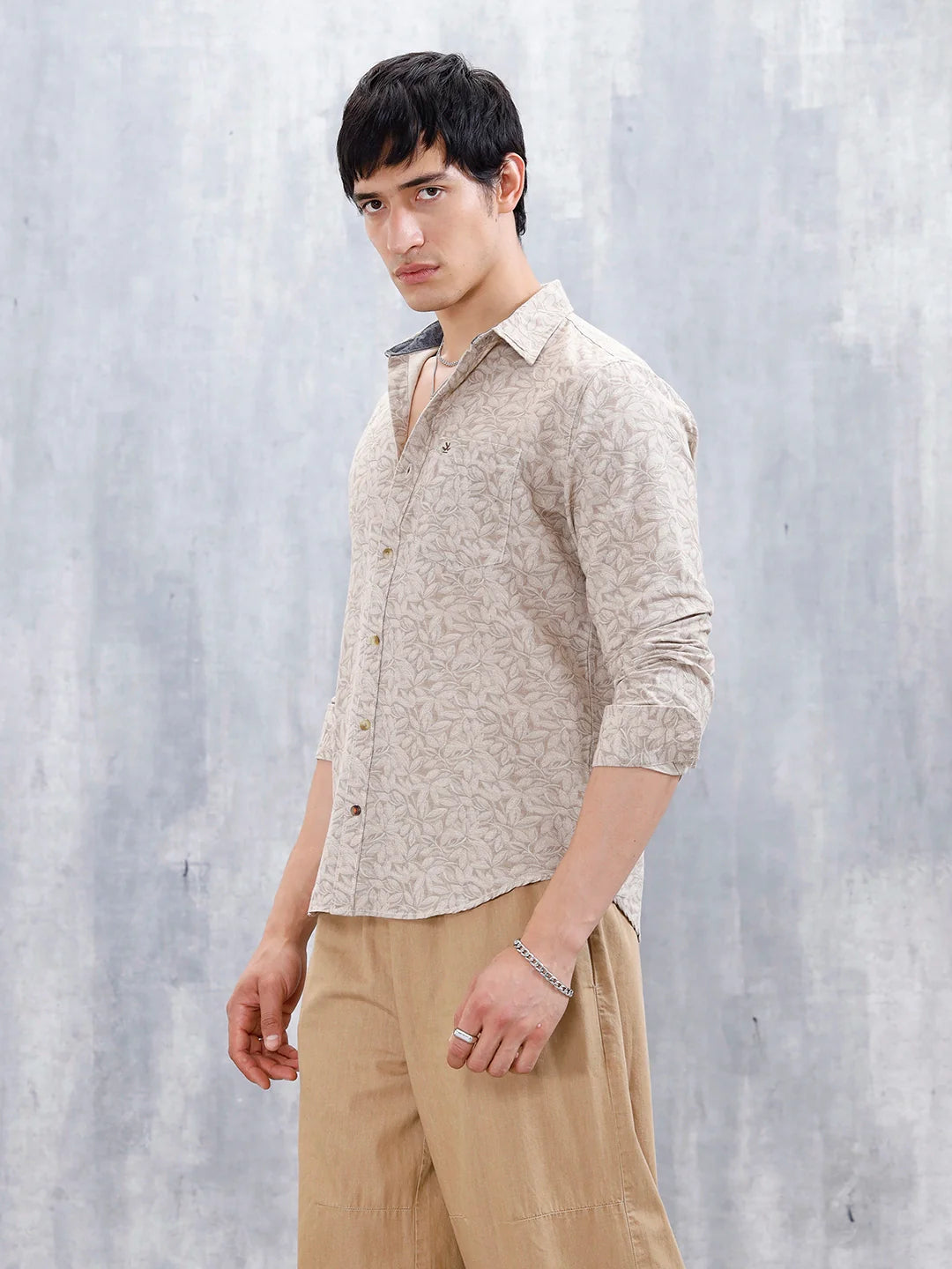 Floral Printed Slim Fit Men's Casual Shirt | Khaki