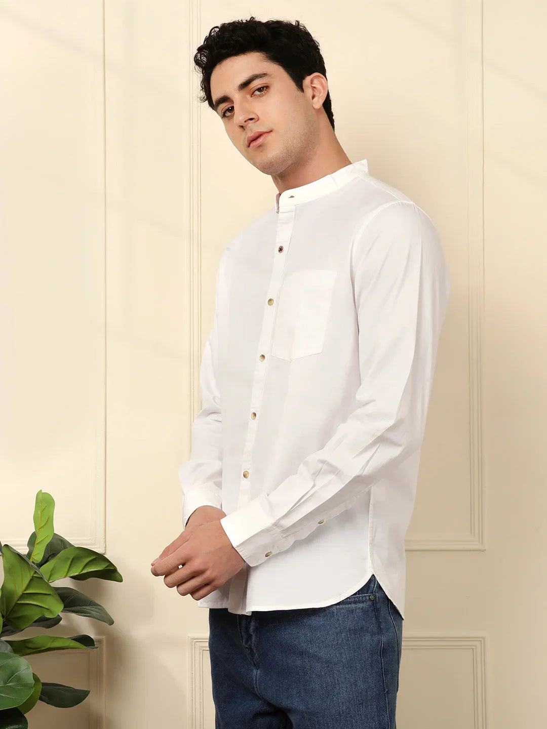 Mandarin Collar Slim Fit Shirt in White