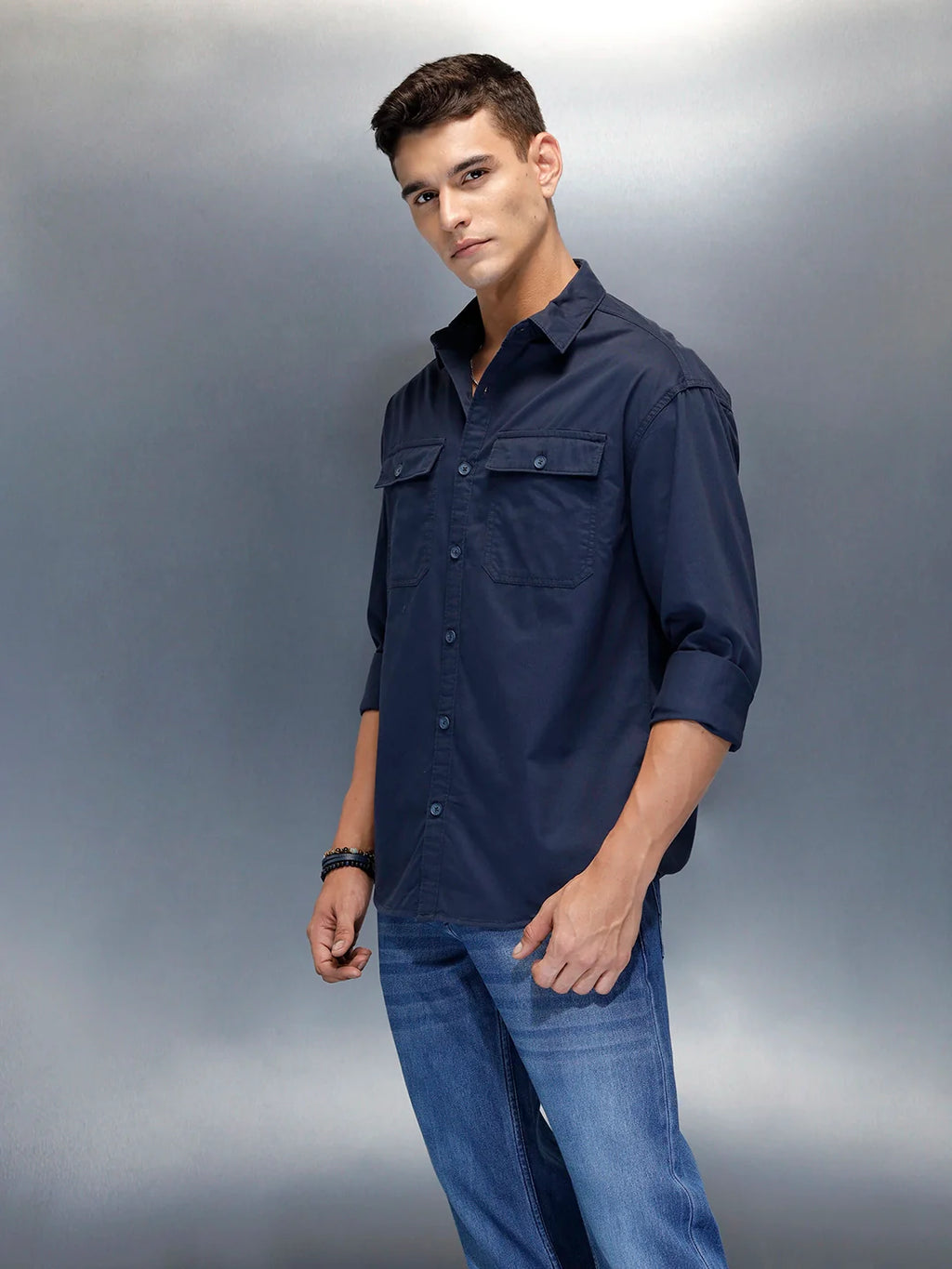 Men's Casual Oversized Fit Double Pocket Shirt | Navy Blue