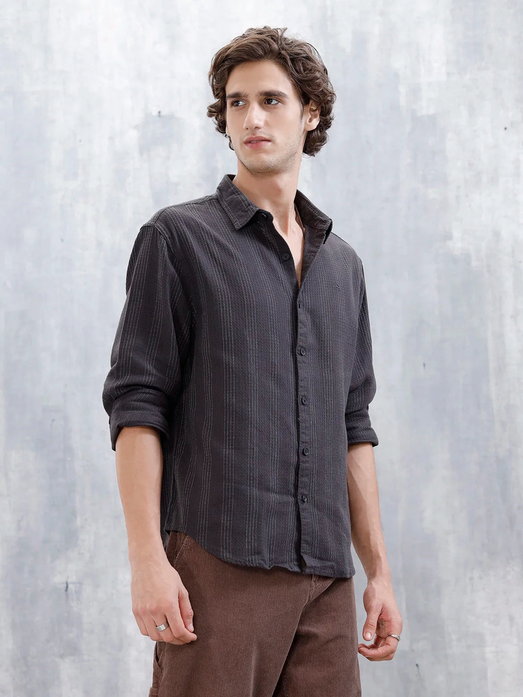 Wrogn Men's Self Stripe Structured Shirt  | Dark Grey