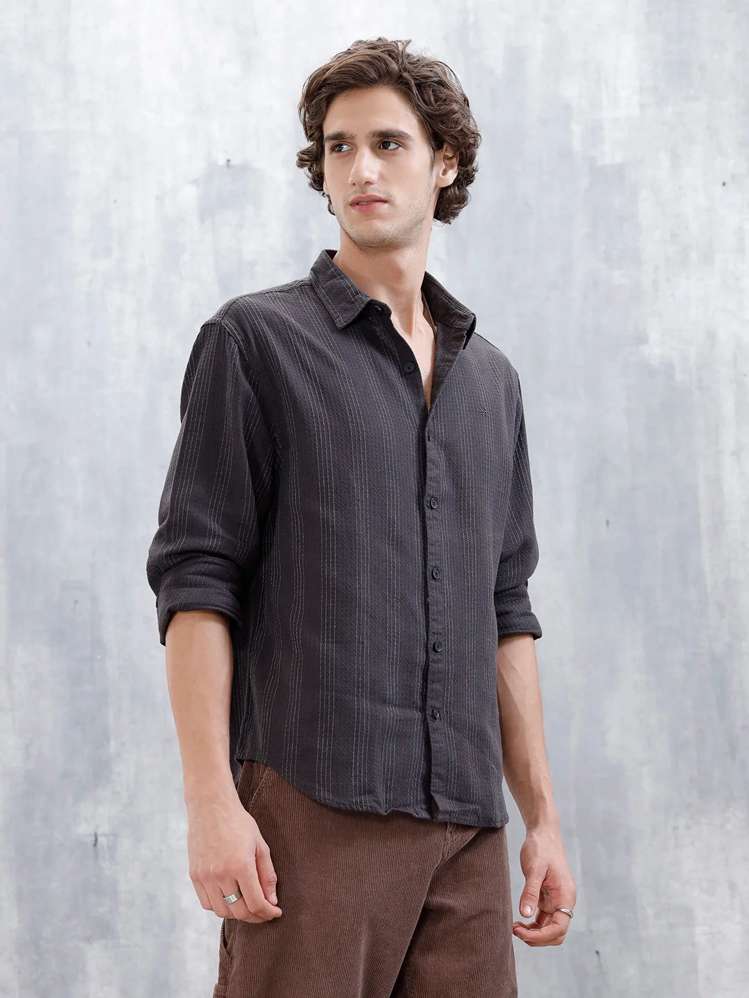 Wrogn Men's Self Stripe Structured Shirt  | Dark Grey