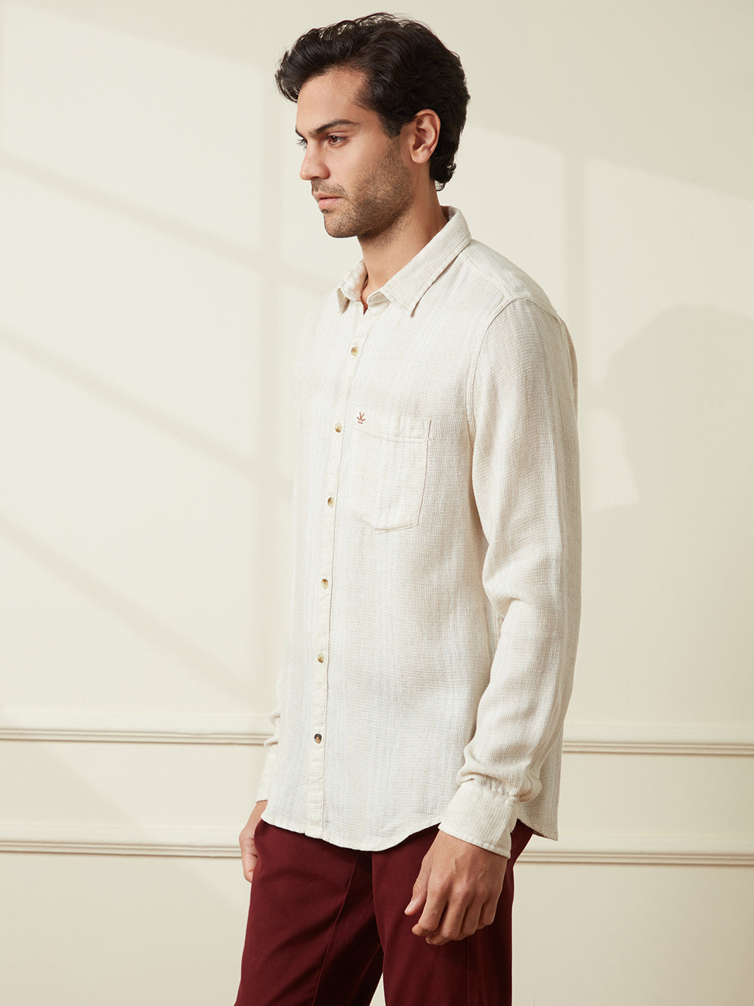 Textured Slim Fit Casual Shirt | Beige