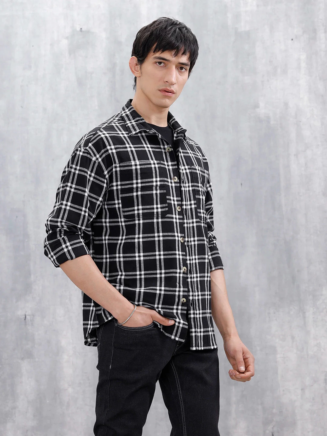 Casual Oversized Fit Checkered Pattern Shirt | Black