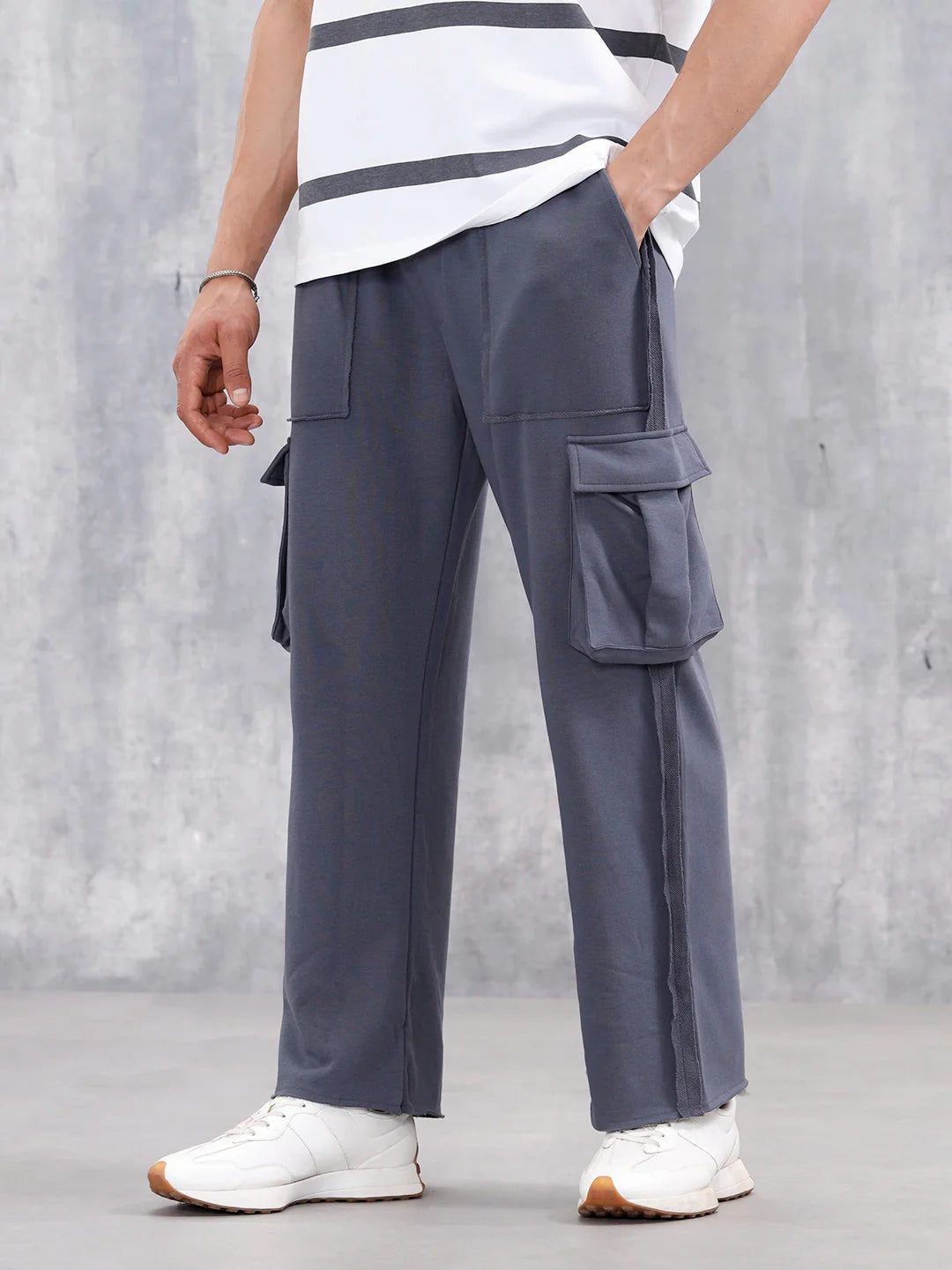 Casual Raw Edged Cargo Pants For Men | Dark Grey