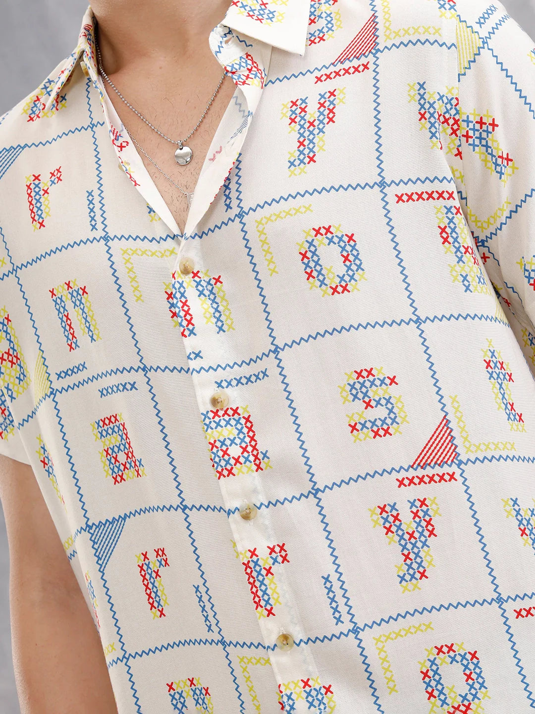 Fluid Viscose Shirt With Cross Stitch Inspired Aop  |  White