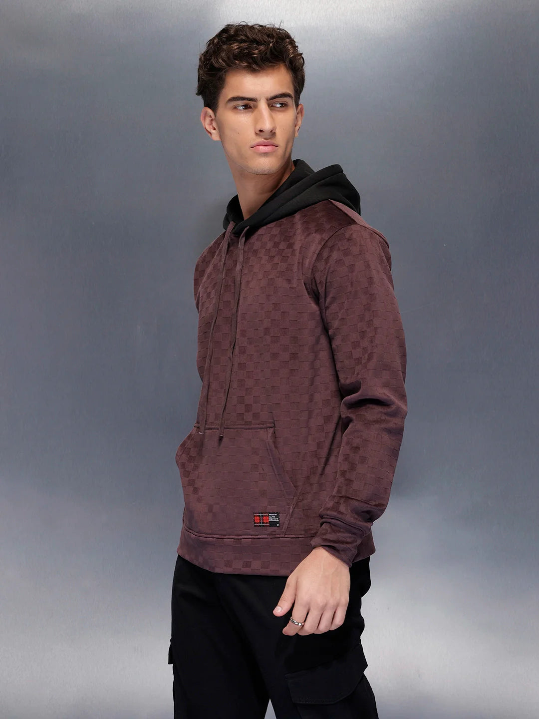 Velvet-finish Check-texture hoodie | Wine