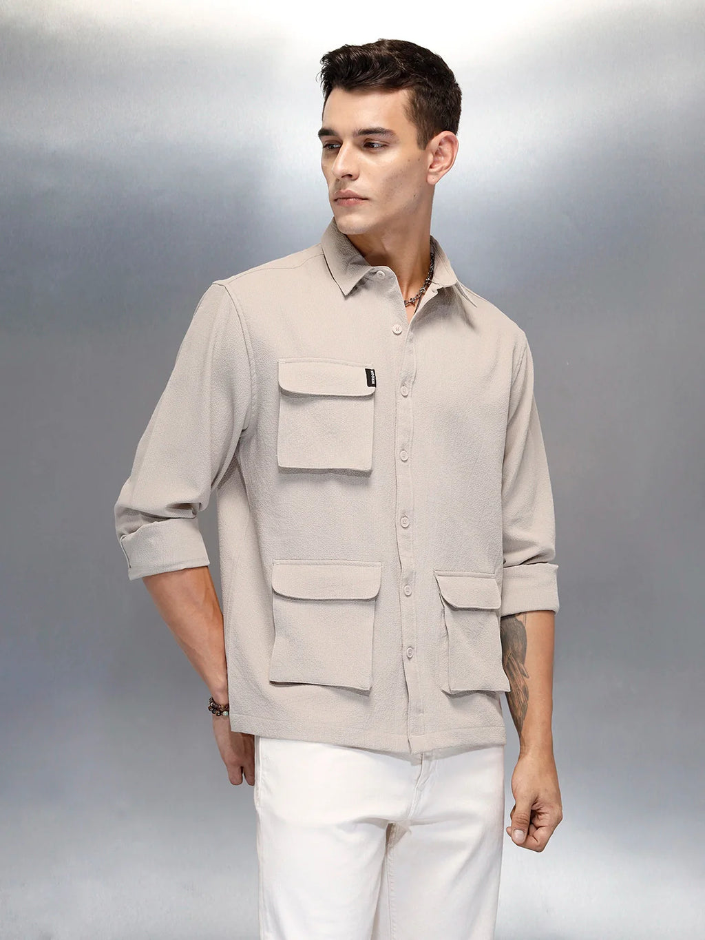 Men's Casual Comfort Fit Utility Pockets Shirt | Beige