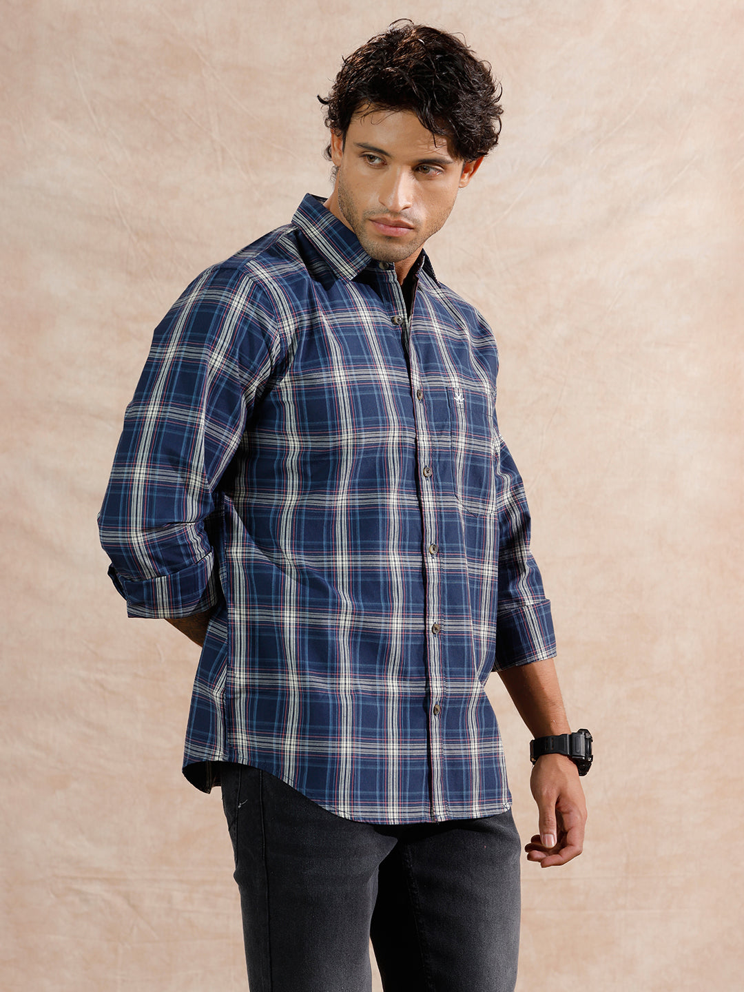 Variegated Checks Regular Fit Shirt  | Navy Blue