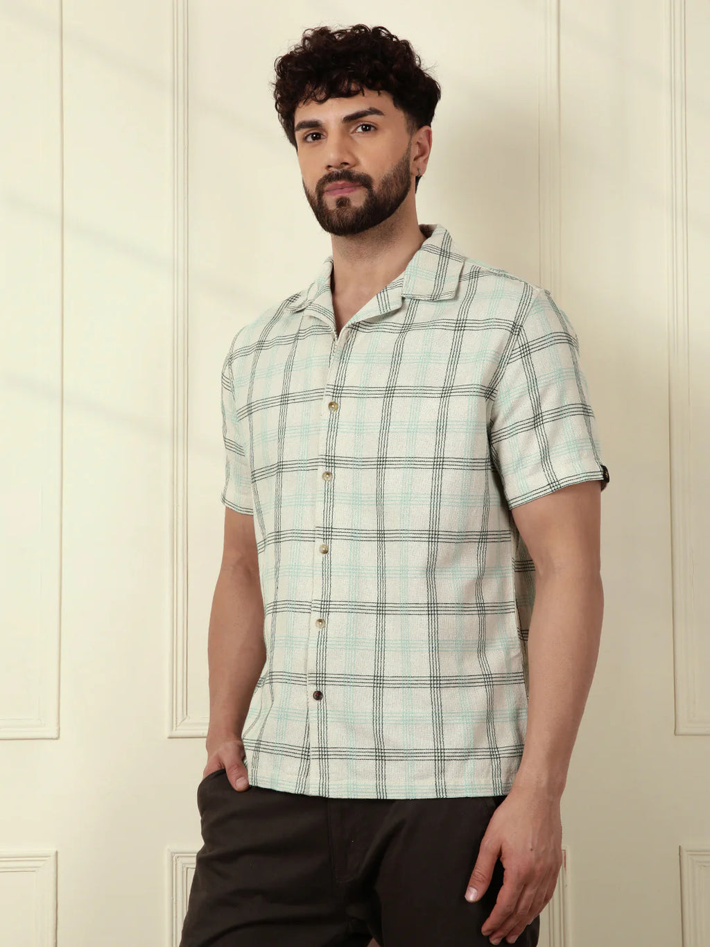 Textured Short Sleeve Checked Shirt | Light Green